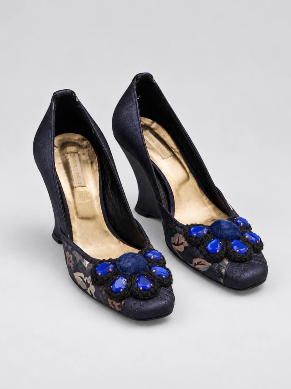 Gianna Meliani Floral Jacquard Wedge Pumps EU 38 Crystal Embellished Italy